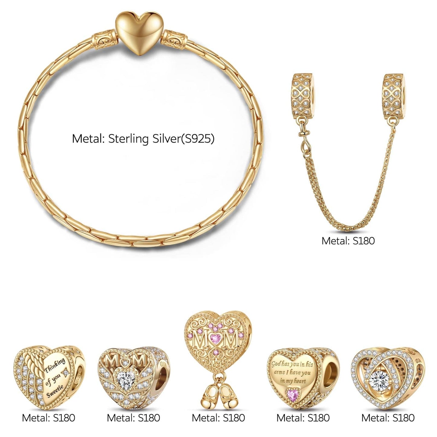 Sterling Silver Blessings for Mom Charms Bracelet Set In 14K Gold Plated (Includes bracelet and all charms shown)