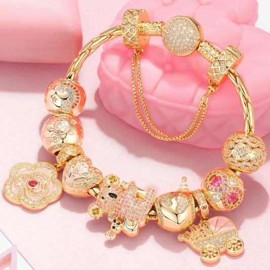 gon- Sterling Silver Heartwarming Affection Charms Bracelet Set With Enamel In 14K Gold Plated (Includes bracelet and all charms shown)