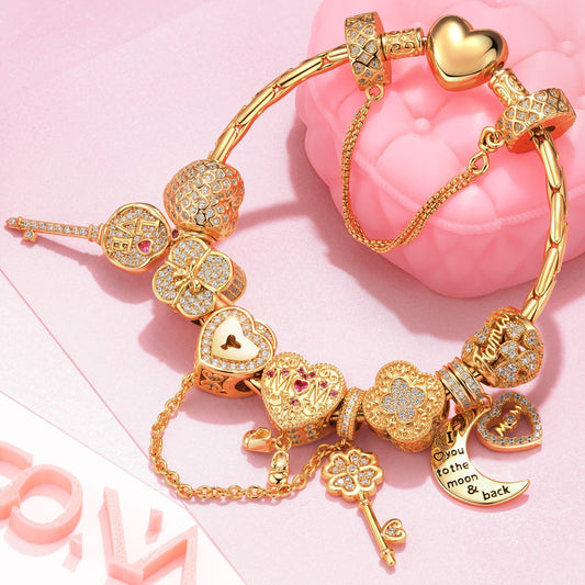 gon- Sterling Silver Key to Unwavering Love Charms Bracelet Set In 14K Gold Plated (Includes bracelet and all charms shown)