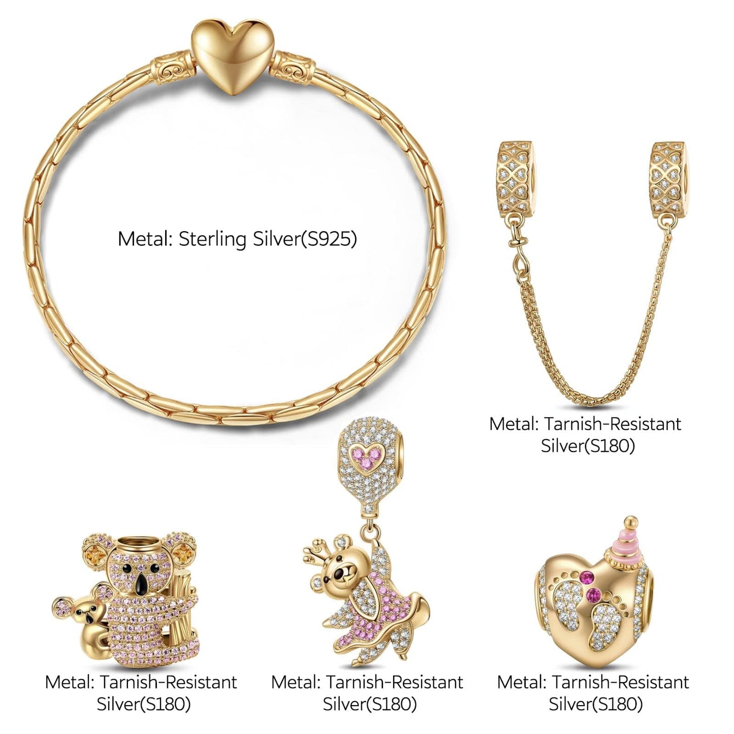 Sterling Silver My Little One Charms Bracelet Set In 14K Gold Plated (Includes bracelet and all charms shown)