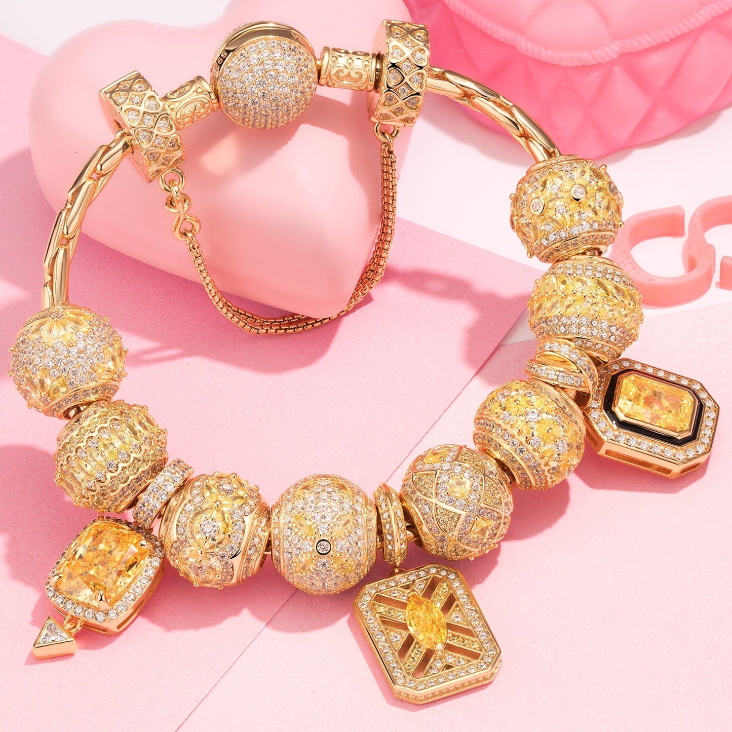 Sterling Silver Everlasting Elegance Charms Bracelet Set In 14K Gold Plated (Includes bracelet and all charms shown)