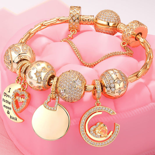 gon- Sterling Silver Customizable Engraving Gentle Protector Charms Bracelet Set In 14K Gold Plated (Includes bracelet and all charms shown)