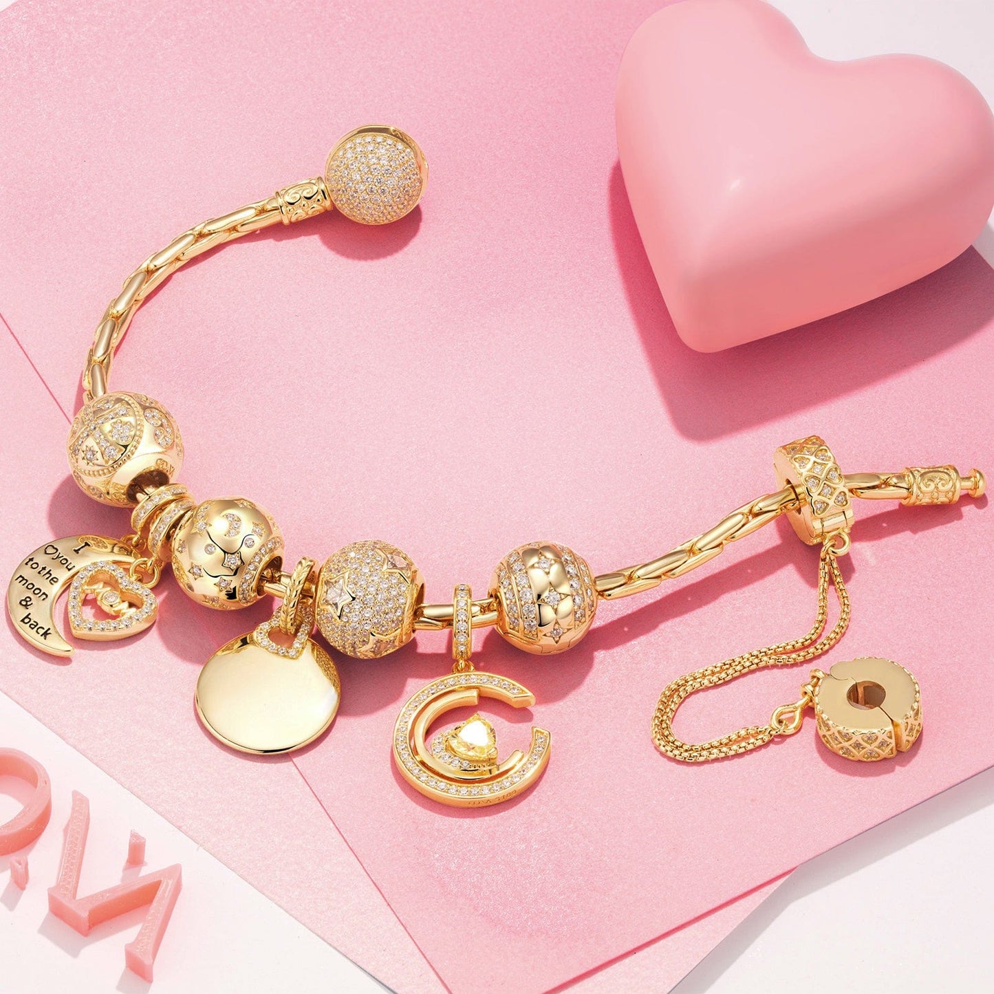 Sterling Silver Customizable Engraving Gentle Protector Charms Bracelet Set In 14K Gold Plated (Includes bracelet and all charms shown)
