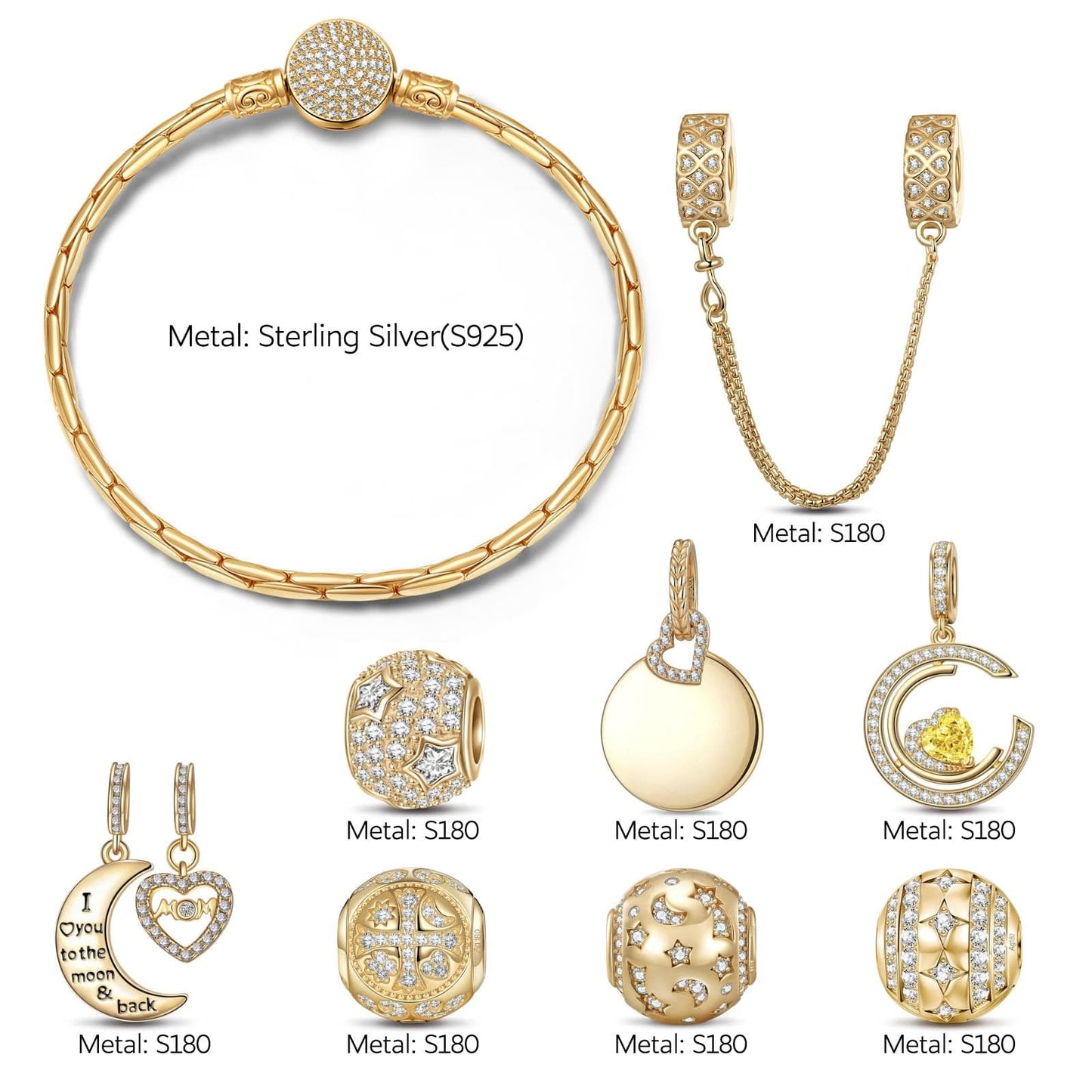 Sterling Silver Customizable Engraving Gentle Protector Charms Bracelet Set In 14K Gold Plated (Includes bracelet and all charms shown)