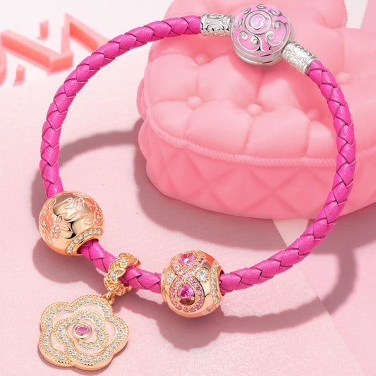 gon- Sterling Silver Pink Petals Charms Bracelet Set With Enamel, Featuring Dual Plating in 14K Gold and White Gold (Includes bracelet and all charms shown)