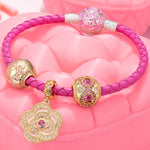 Sterling Silver Pink Petals Charms Bracelet Set With Enamel, Featuring Dual Plating in 14K Gold and White Gold (Includes bracelet and all charms shown)