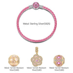 Sterling Silver Pink Petals Charms Bracelet Set With Enamel, Featuring Dual Plating in 14K Gold and White Gold (Includes bracelet and all charms shown)