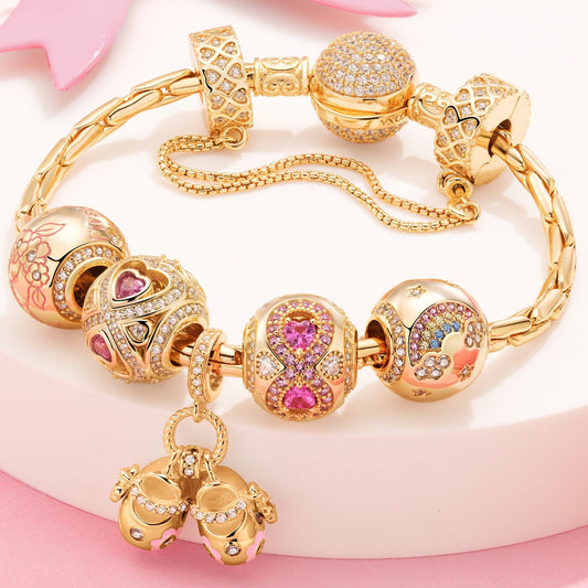 gon- Sterling Silver Heart's Sweetling Charms Bracelet Set With Enamel In 14K Gold Plated (Includes bracelet and all charms shown)