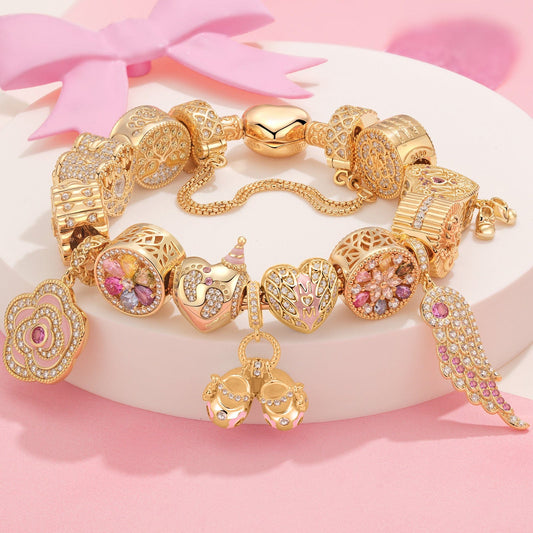 gon- Sterling Silver Gleaming Bloom Charms Bracelet Set With Enamel In 14K Gold Plated (Includes bracelet and all charms shown)