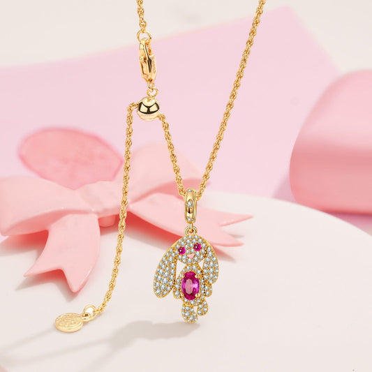 gon- Sterling Silver Adjustable Rope Chain Necklace with Slider Clasp Long-Eared Bunny Charms Necklace Set In 14K Gold Plated