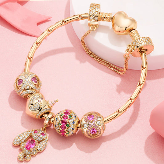 gon- Sterling Silver Bunny Party Charms Bracelet Set In 14K Gold Plated (Includes bracelet and all charms shown)