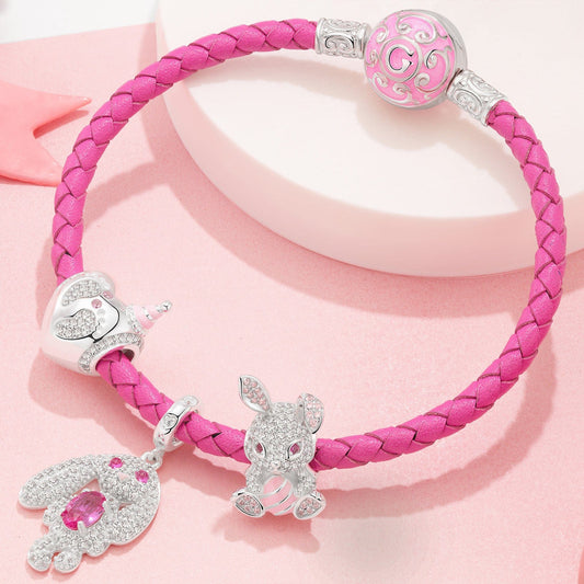 gon- Sterling Silver My Bunny Baby Charms Bracelet Set With Enamel In White Gold Plated (Includes bracelet and all charms shown)