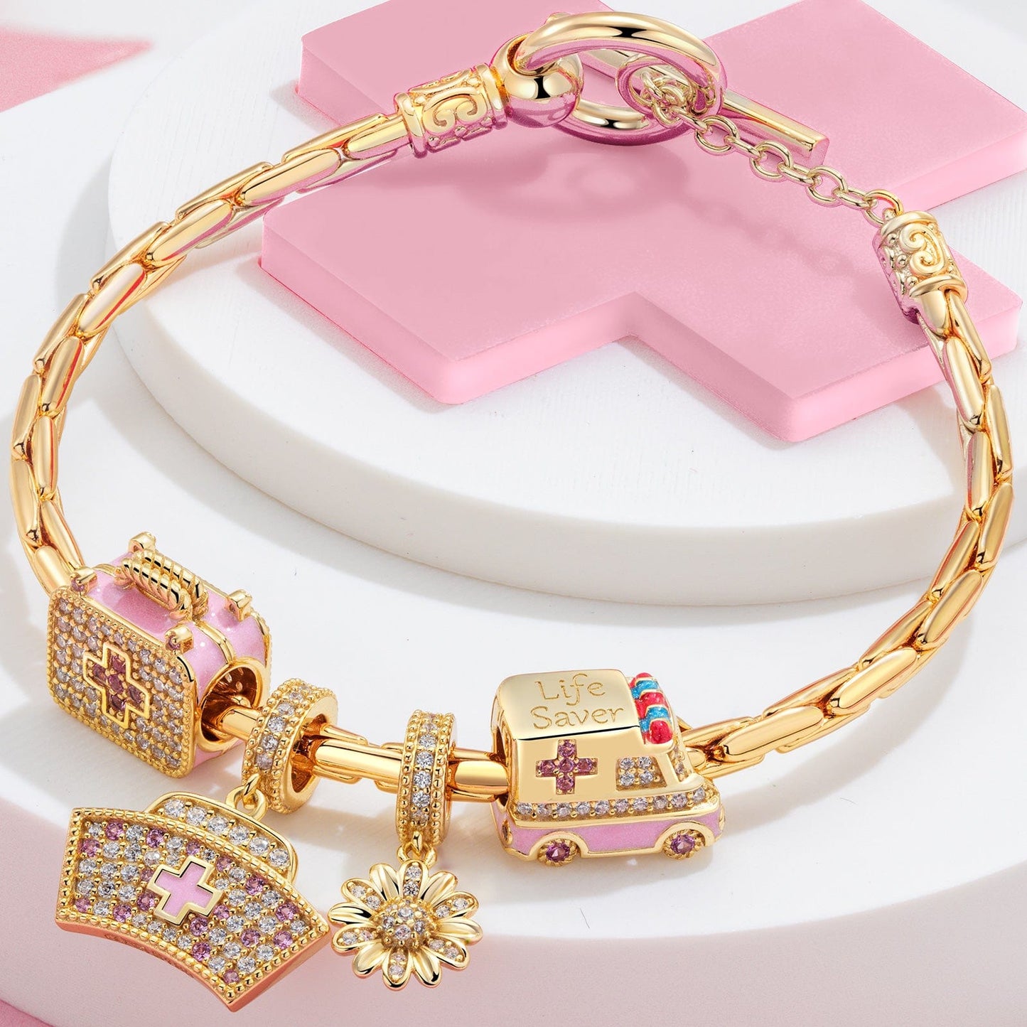 Sterling Silver Blossoms of Healing Charms Bracelet Set With Enamel In 14K Gold Plated (Includes bracelet and all charms shown)