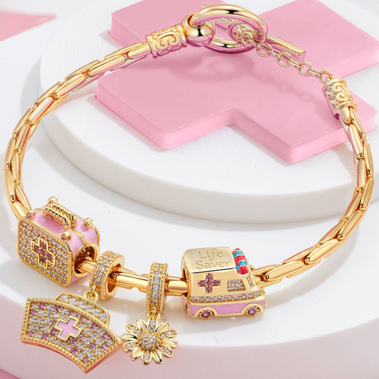 gona- Sterling Silver Blossoms of Healing Charms Bracelet Set With Enamel In 14K Gold Plated (Includes bracelet and all charms shown)
