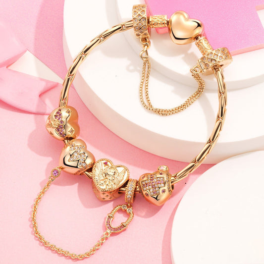 gona- Sterling Silver Resilient Heart Charms Bracelet Set In 14K Gold Plated (Includes bracelet and all charms shown)