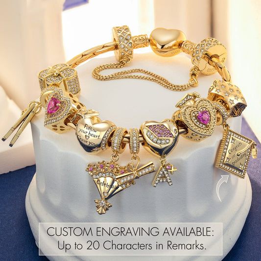 gona- Sterling Silver Blossoming Futures Charms Bracelet Set In 14K Gold Plated (Includes bracelet and all charms shown)