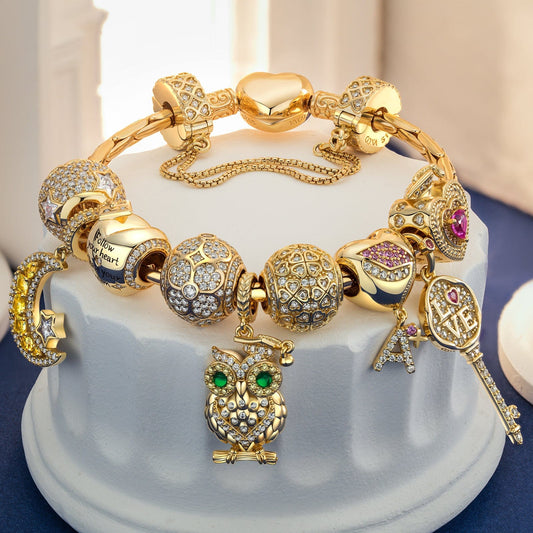 gona- Sterling Silver Honor and Pride Charms Bracelet Set With Enamel In 14K Gold Plated (Includes bracelet and all charms shown)