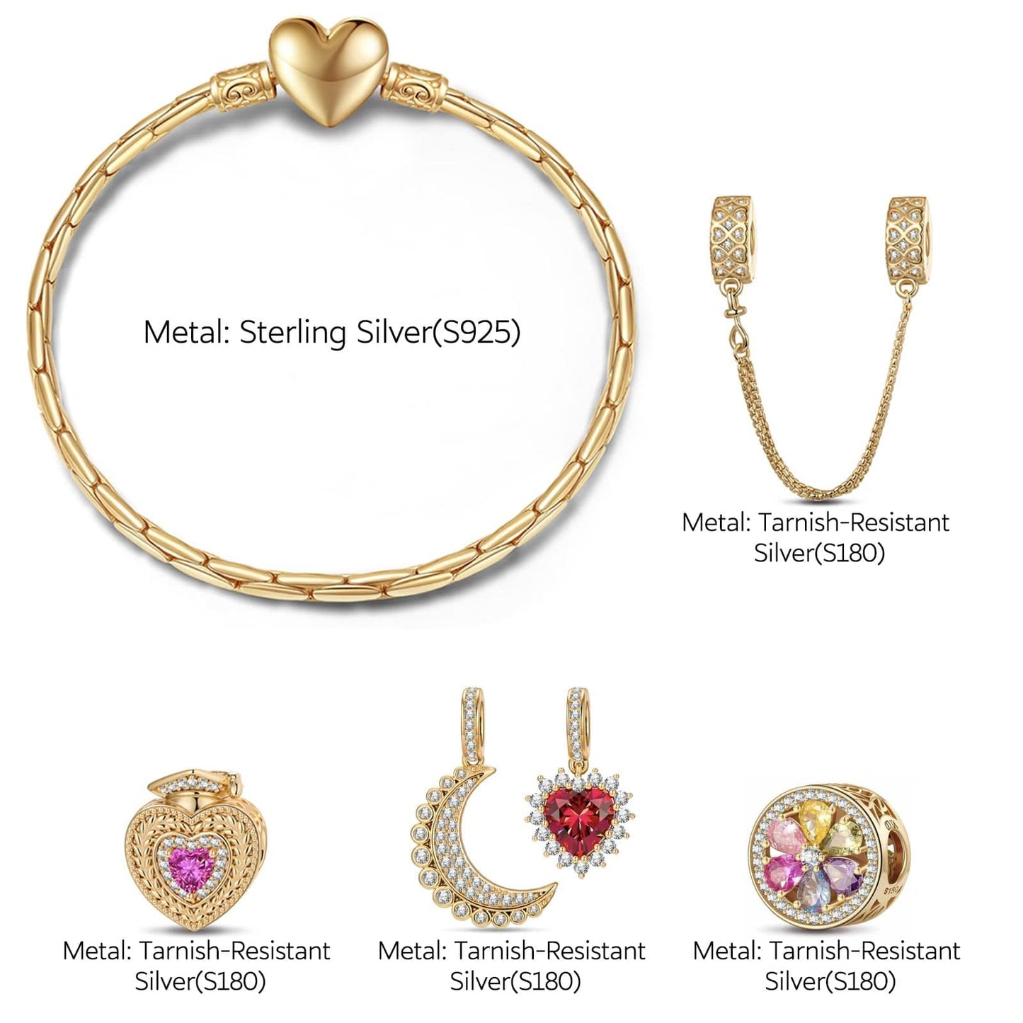 Sterling Silver Bloom of Achievement Charms Bracelet Set In 14K Gold Plated (Includes bracelet and all charms shown)