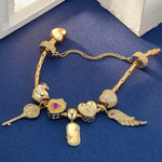 Sterling Silver Winged Achievements Charms Bracelet Set In 14K Gold Plated (Includes bracelet and all charms shown)