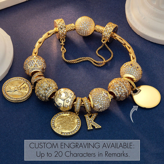 gona- Sterling Silver Brilliant Triumph Charms Bracelet Set In 14K Gold Plated (Includes bracelet and all charms shown)