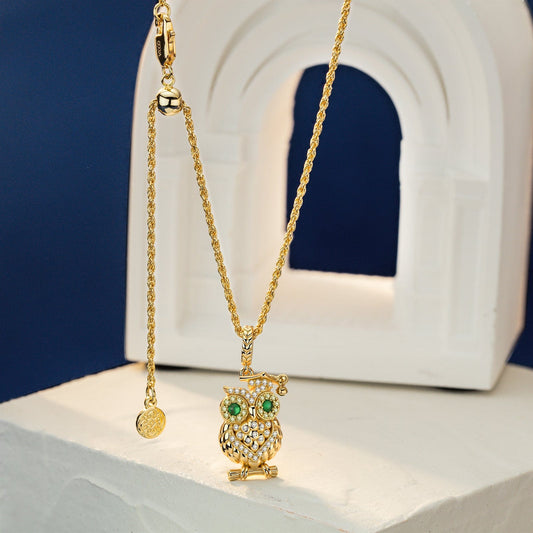 gona- Sterling Silver Enigmatic Owl Charms Necklace Set In 14K Gold Plated