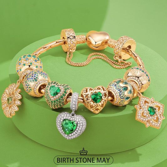 gona- Sterling Silver May Emerald Charms Bracelet Set In 14K Gold Plated (Includes bracelet and all charms shown)