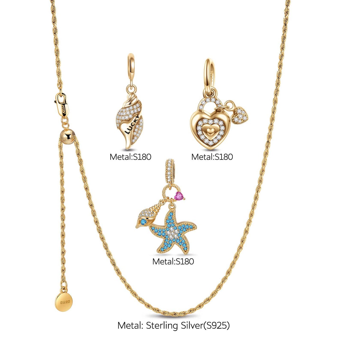 Sterling Silver Adjustable Rope Chain Necklace with Slider Clasp Coastal Love Charms Necklace Set In 14K Gold Plated