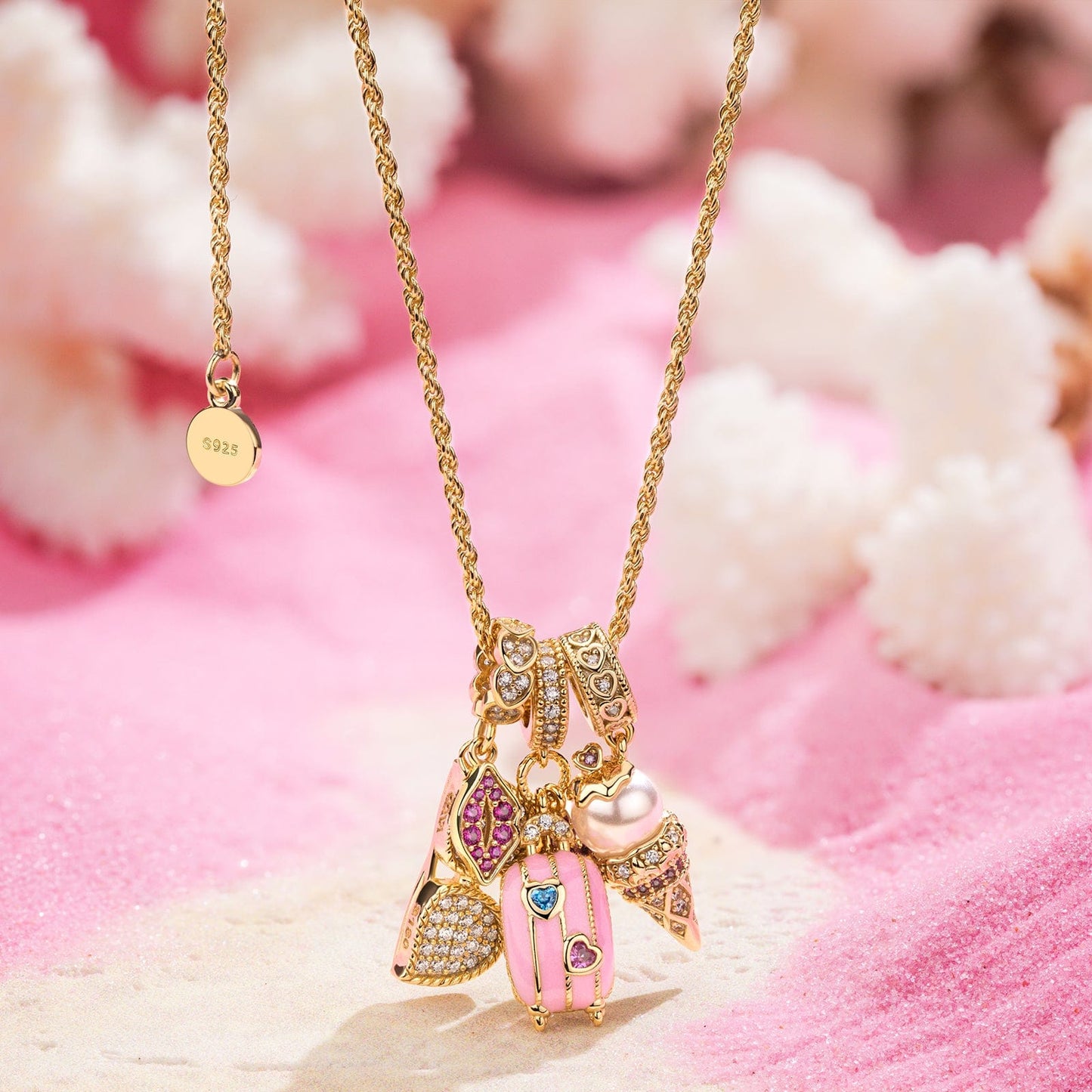 Sterling Silver Adjustable Rope Chain Necklace with Slider Clasp Summer Travel Charms Necklace Set In 14K Gold Plated