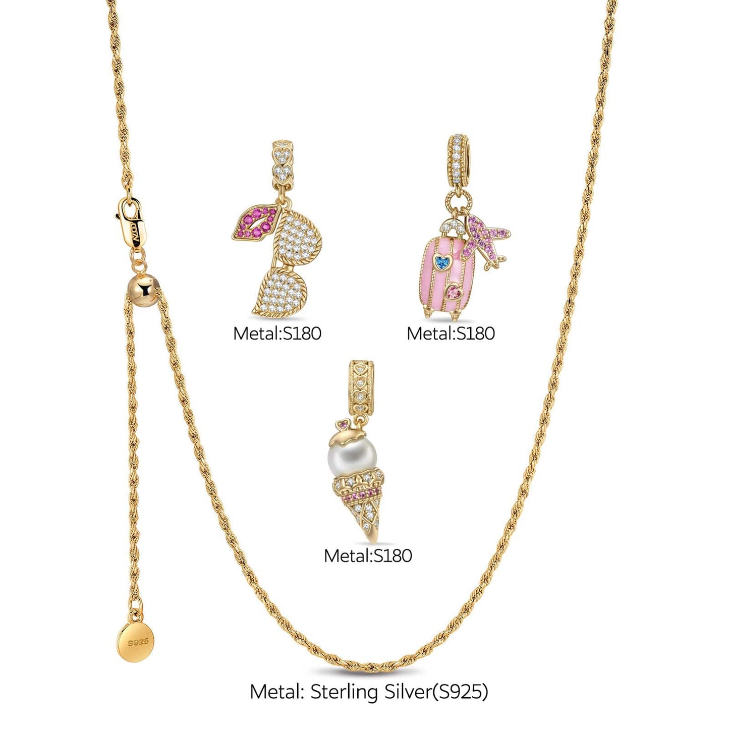 Sterling Silver Adjustable Rope Chain Necklace with Slider Clasp Summer Travel Charms Necklace Set In 14K Gold Plated