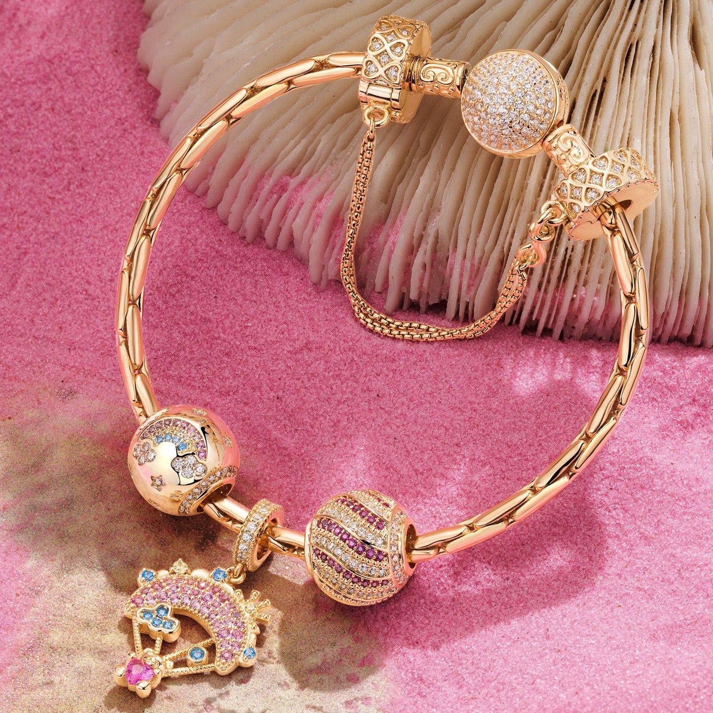 Sterling Silver Pink Sky Adventures Charms Bracelet Set In 14K Gold Plated (Includes bracelet and all charms shown)