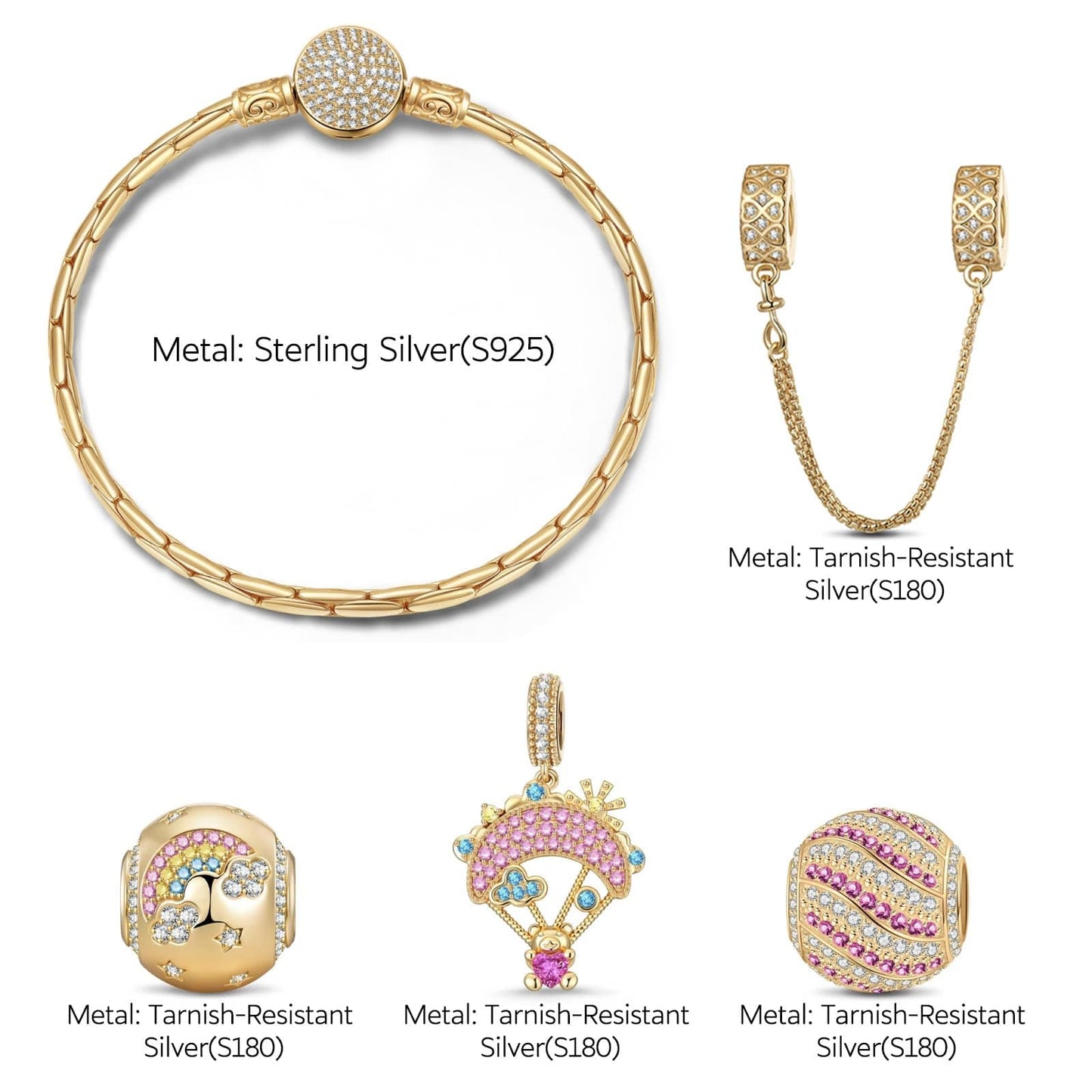 Sterling Silver Pink Sky Adventures Charms Bracelet Set In 14K Gold Plated (Includes bracelet and all charms shown)