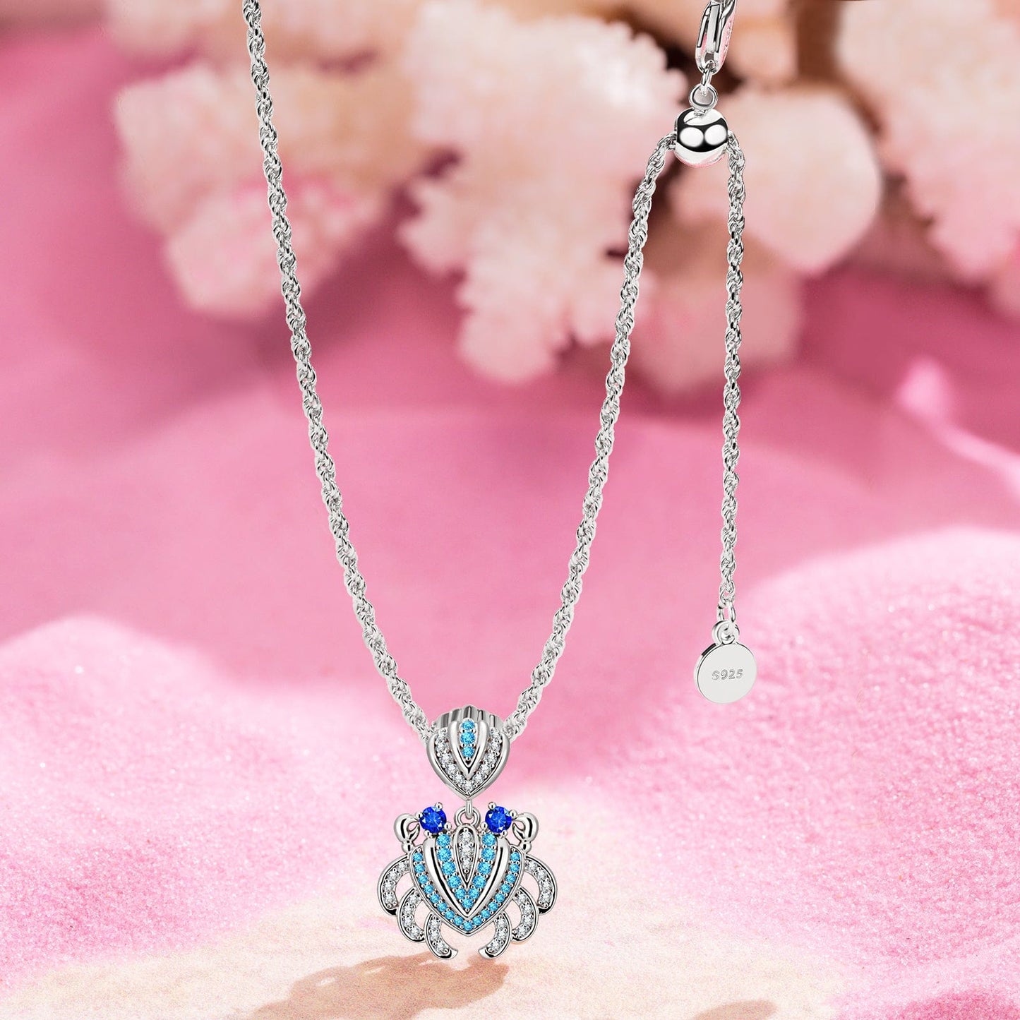 Sterling Silver Adjustable Rope Chain Necklace with Slider Clasp Luxury Crab Charms Necklace Set In White Gold Plated