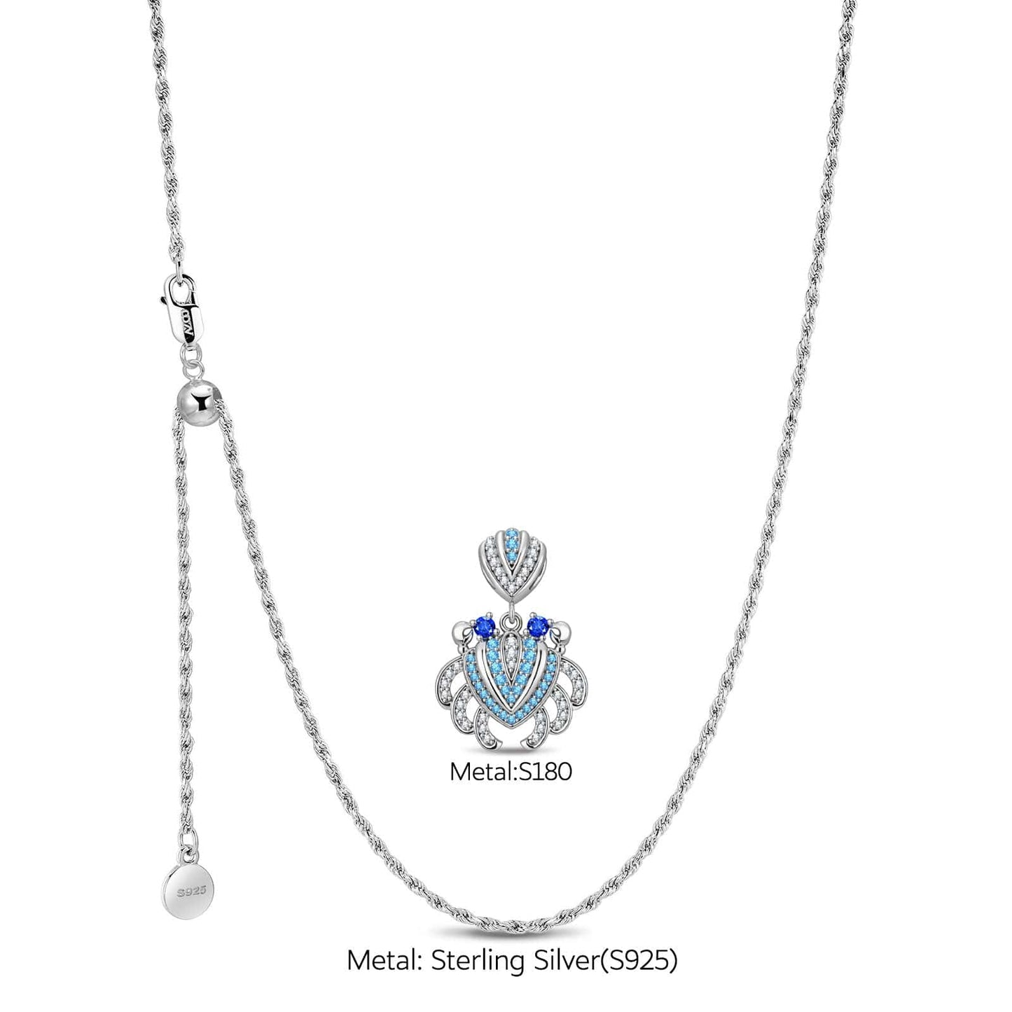 Sterling Silver Adjustable Rope Chain Necklace with Slider Clasp Luxury Crab Charms Necklace Set In White Gold Plated