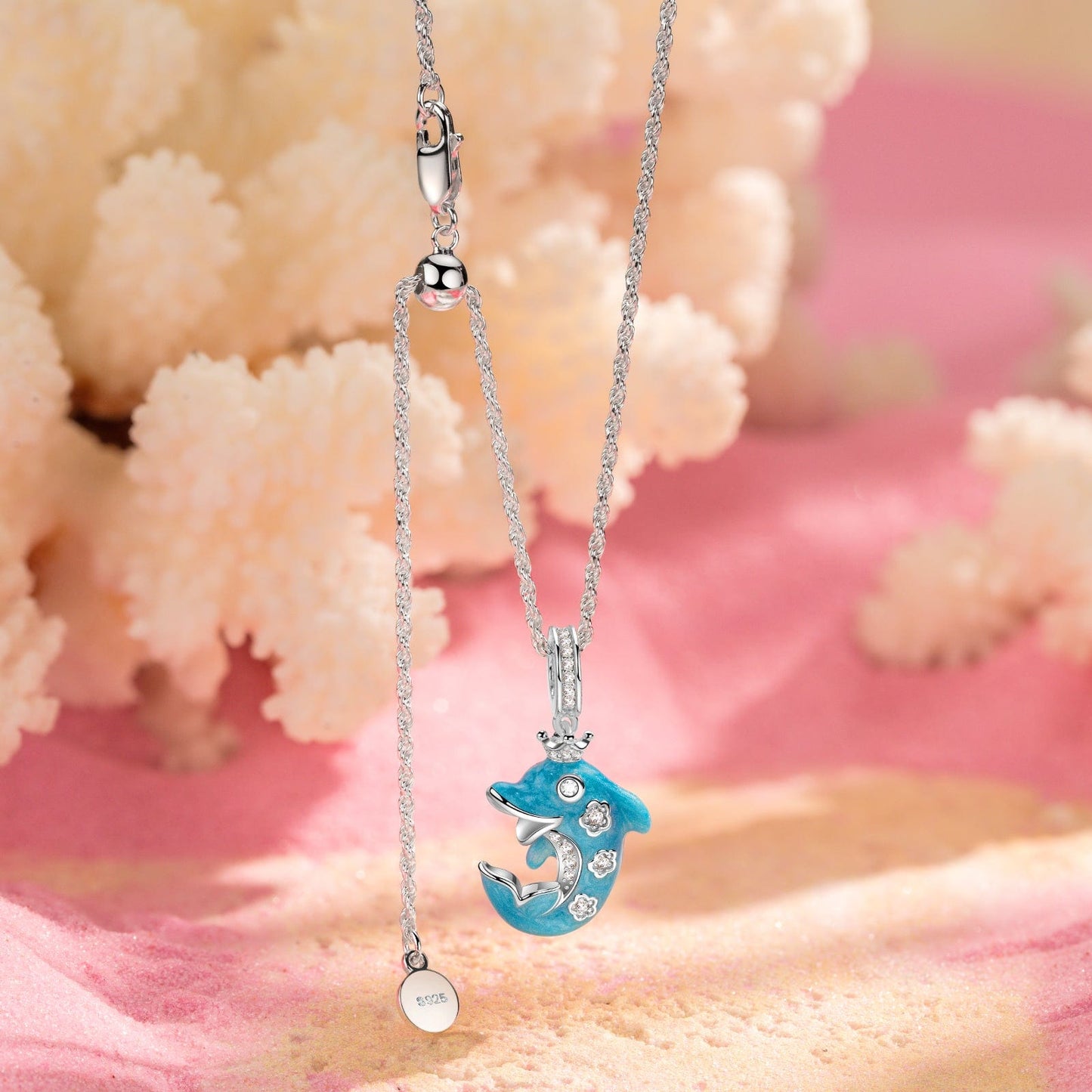 Sterling Silver Adjustable Rope Chain Necklace with Slider Clasp Glowing Dolphin Charms Necklace Set With Enamel In White Gold Plated