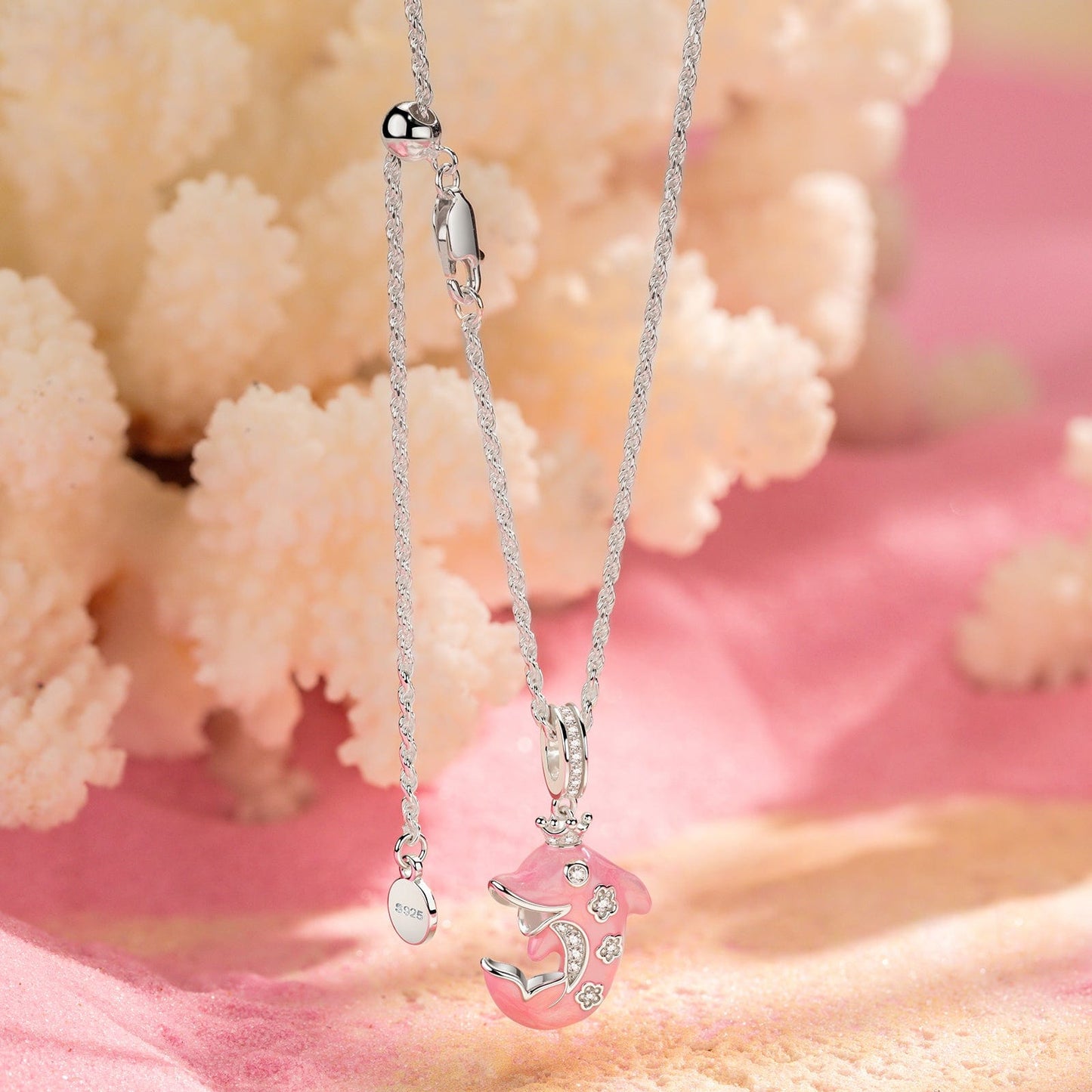 Sterling Silver Adjustable Rope Chain Necklace with Slider Clasp Glowing Dolphin Charms Necklace Set With Enamel In White Gold Plated