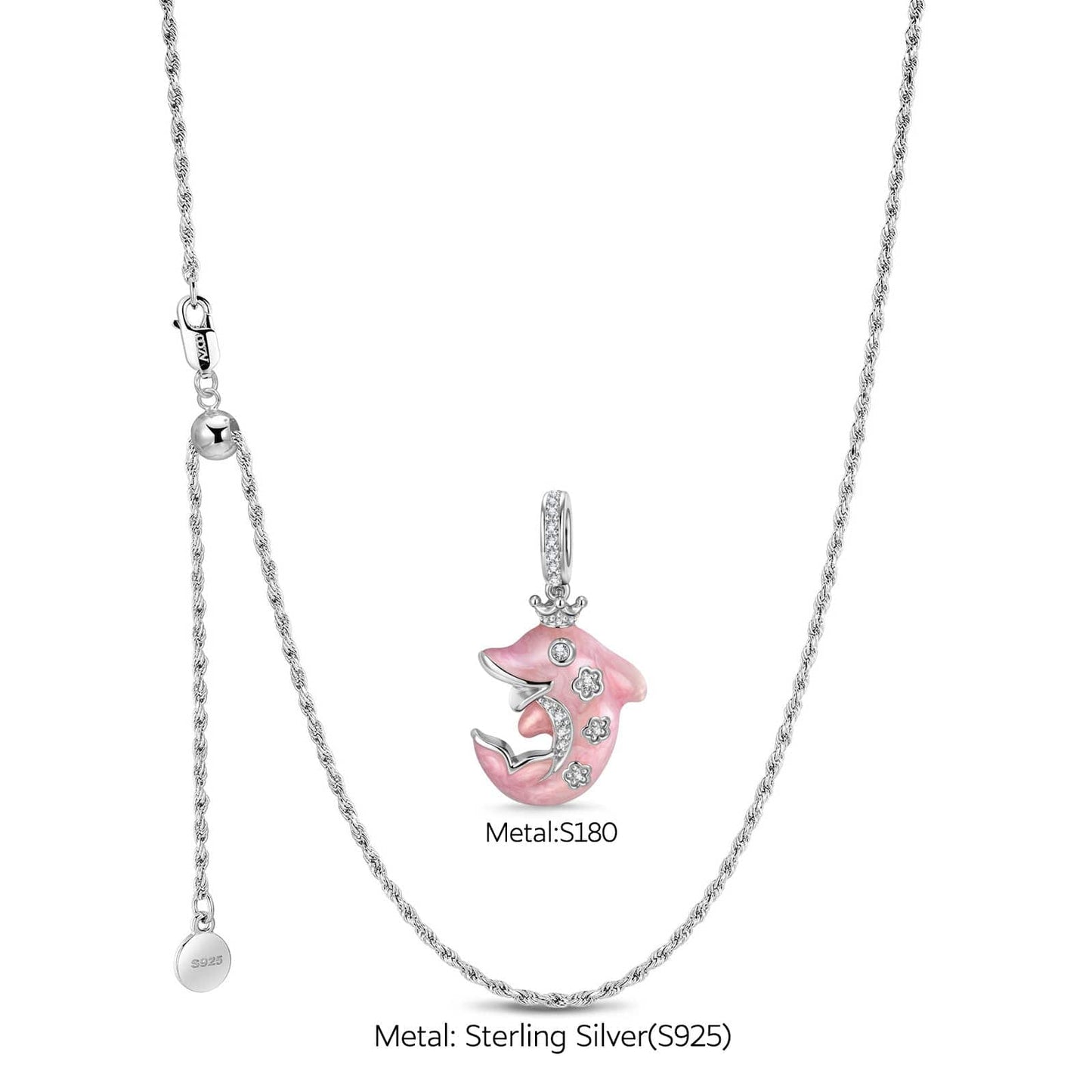 Sterling Silver Adjustable Rope Chain Necklace with Slider Clasp Glowing Dolphin Charms Necklace Set With Enamel In White Gold Plated