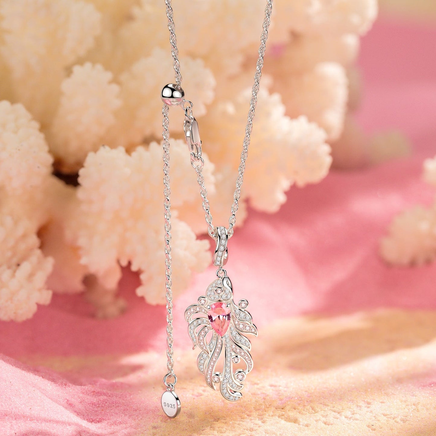 Sterling Silver Adjustable Rope Chain Necklace with Slider Clasp Pink Guppy Charms Necklace Set In White Gold Plated
