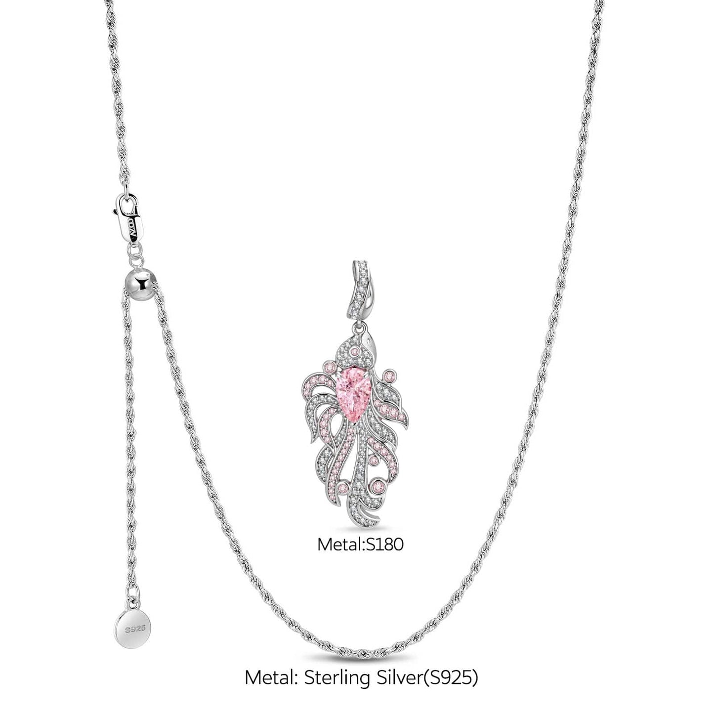 Sterling Silver Adjustable Rope Chain Necklace with Slider Clasp Pink Guppy Charms Necklace Set In White Gold Plated