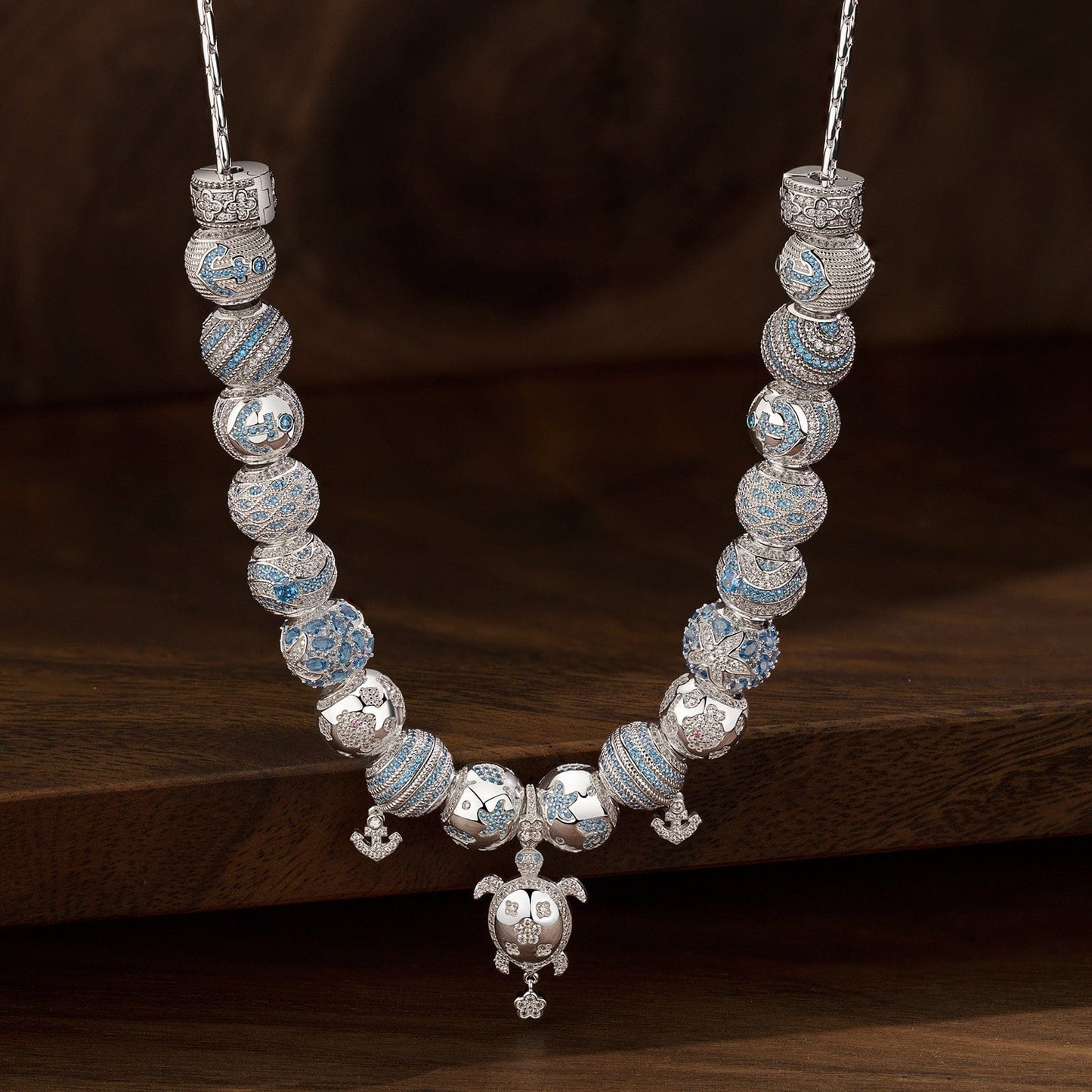 Sterling Silver Classic Bamboo Chain Necklace Coastal Dreams Charms Necklace Set In White Gold Plated