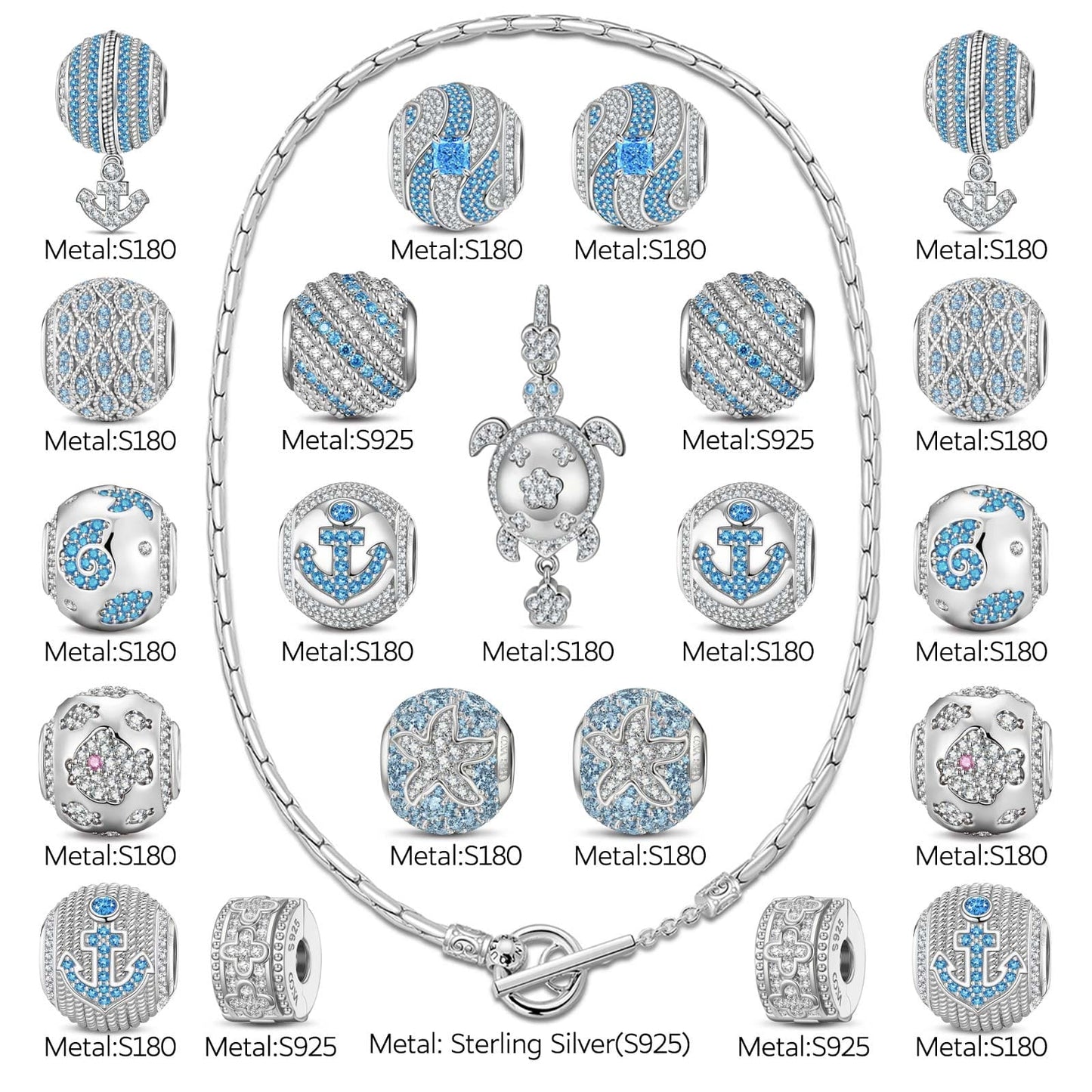 Sterling Silver Classic Bamboo Chain Necklace Coastal Dreams Charms Necklace Set In White Gold Plated