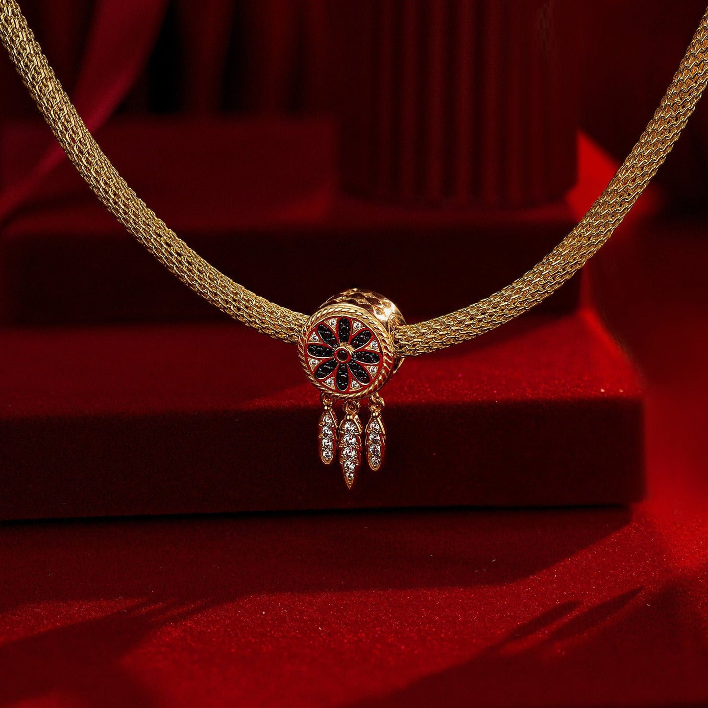 Sterling Silver Dreamcatcher Charm Necklace Set With Enamel In 14K Gold Plated for Him