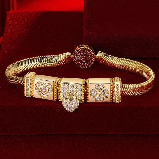 gona- Sterling Silver Love and Romance Rectangular Charms Bracelet Set In 14K Gold Plated for Her (Includes bracelet and all charms shown)