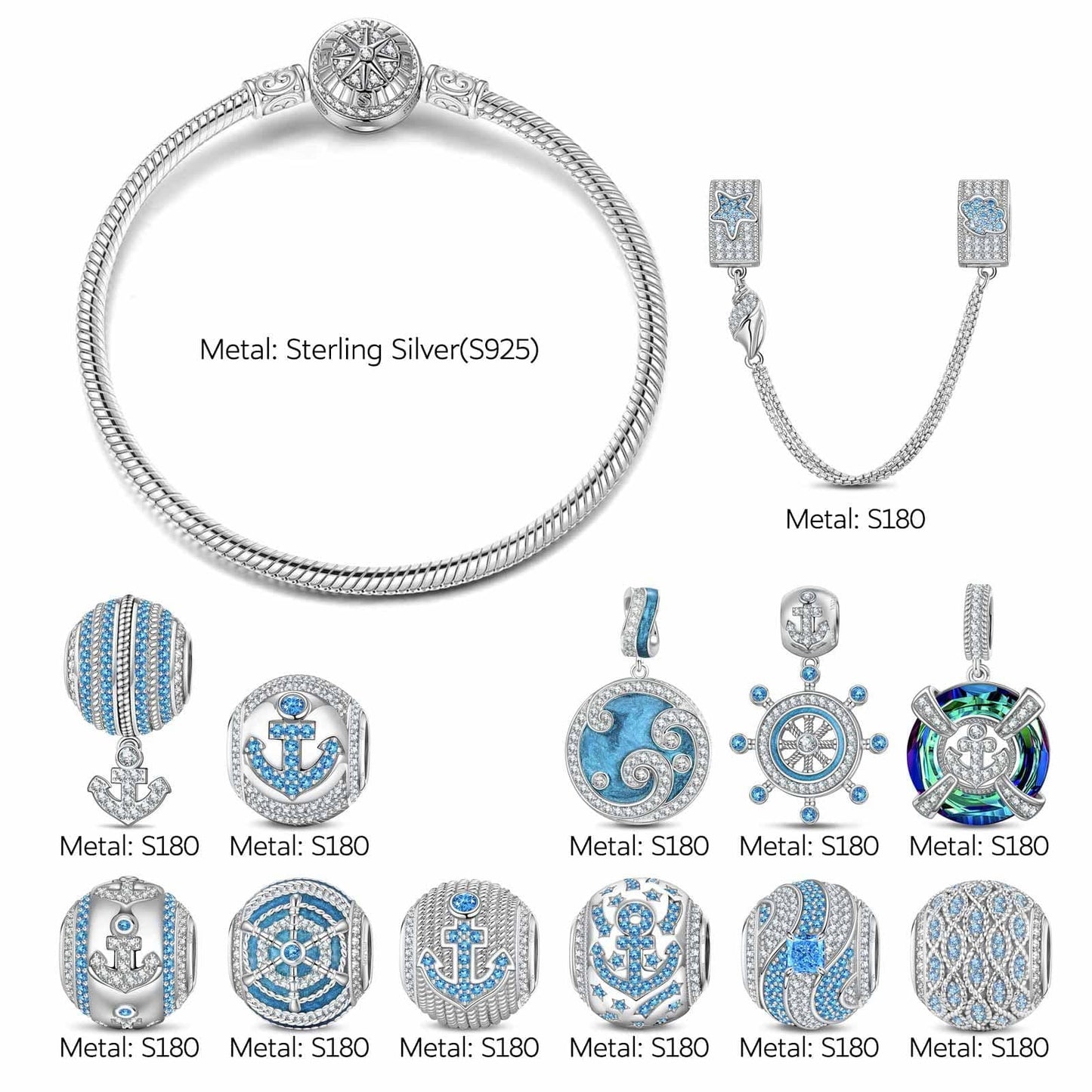 Sterling Silver Sail Across the Swells Charms Bracelet Set With Enamel In White Gold Plated (Includes bracelet and all charms shown)