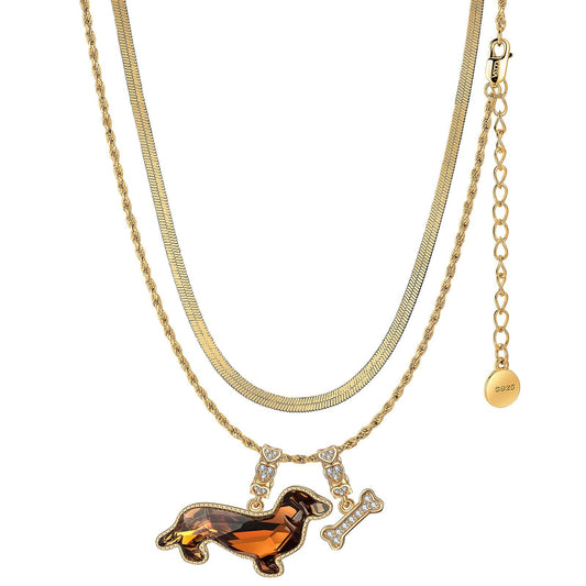 gona- Sterling Silver Puppy Parade Charms Necklace Set with Crystal from Swarovski In 14K Gold Plated