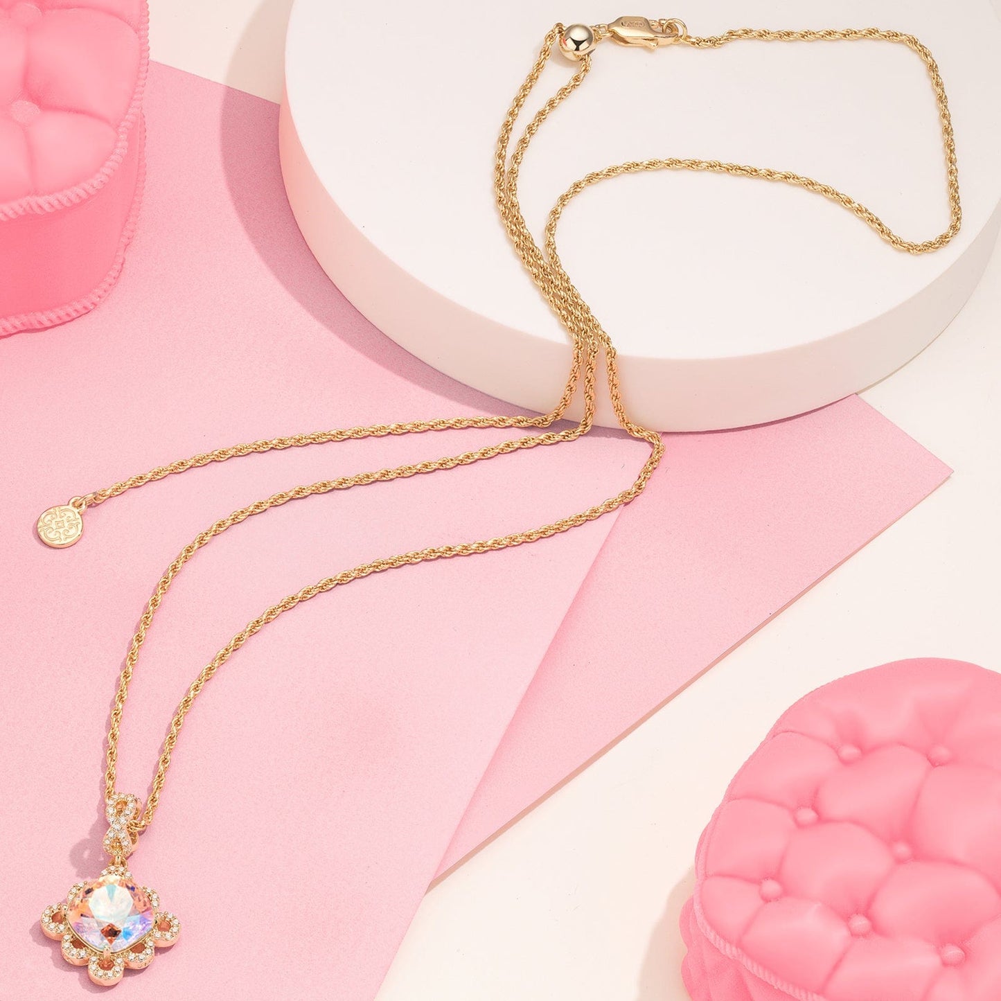 Sterling Silver Adjustable Rope Chain Necklace with Slider Clasp Tender Rose Charms Necklace Set In 14K Gold Plated