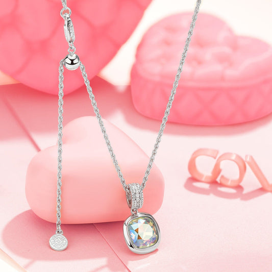 gon- Sterling Silver Adjustable Rope Chain Necklace with Slider Clasp Concinnity Brilliance Charms Necklace Set In White Gold Plated