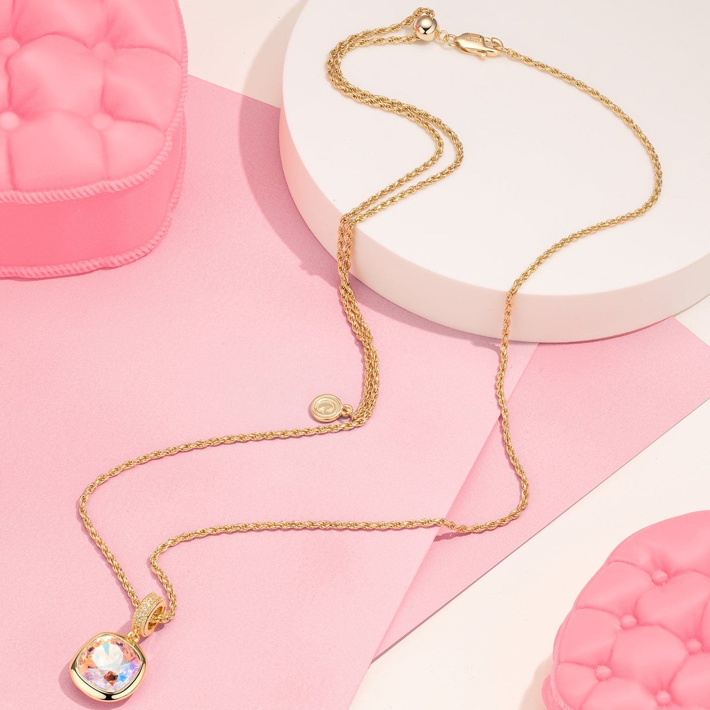 Sterling Silver Adjustable Rope Chain Necklace with Slider Clasp Concinnity Brilliance Charms Necklace Set In 14K Gold Plated
