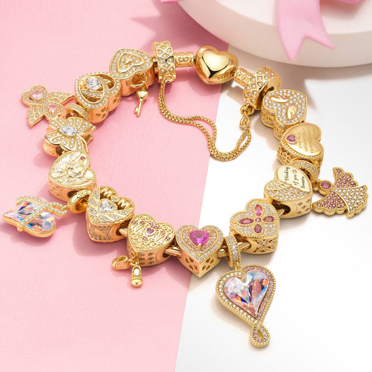 gon- Sterling Silver Rose Heart Whispers Charms Bracelet Set In 14K Gold Plated (Includes bracelet and all charms shown)