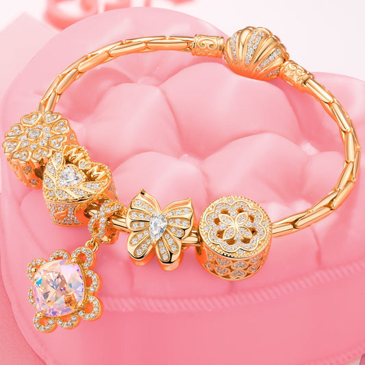 gon- Sterling Silver Rosy Garden Charms Bracelet Set In 14K Gold Plated (Includes bracelet and all charms shown)