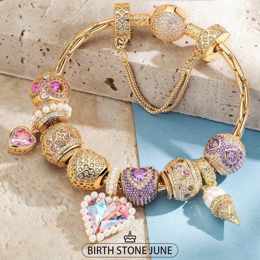 gona- Sterling Silver June's Luminescence Birthday Stone Charms Bracelet Set In 14K Gold Plated (Includes bracelet and all charms shown)